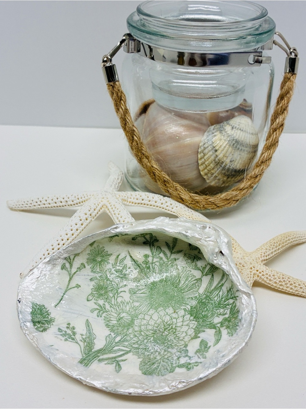 Decorative Shell Dish with Green Floral Decoupage